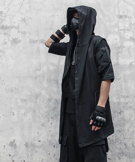 Summer Dark Hooded Windbreaker – Men's Sleeveless Cape Wizard Coat