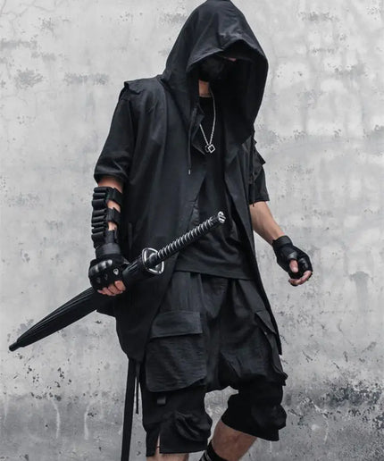 Summer Dark Hooded Windbreaker – Men's Sleeveless Cape Wizard Coat