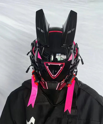 Triangle Light Festival LED Cyberpunk Mask – Techno Sense, Round Light, Wing Braid, Cosplay Helmet