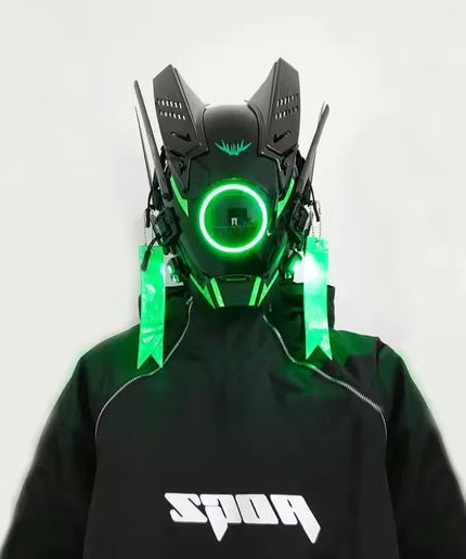 Triangle Light Festival LED Cyberpunk Mask – Techno Sense, Round Light, Wing Braid, Cosplay Helmet