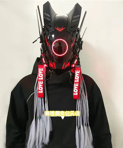 Triangle Light Festival LED Cyberpunk Mask – Techno Sense, Round Light, Wing Braid, Cosplay Helmet