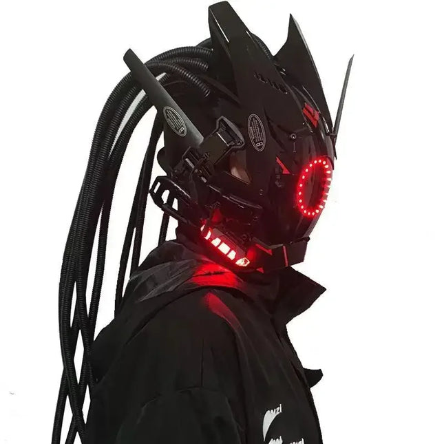 Triangle Light Festival LED Cyberpunk Mask – Techno Sense, Round Light, Wing Braid, Cosplay Helmet