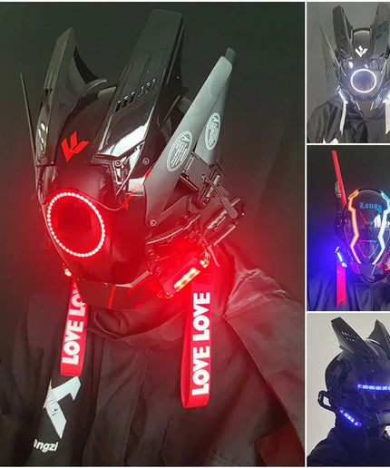 Triangle Light Festival LED Cyberpunk Mask – Techno Sense, Round Light, Wing Braid, Cosplay Helmet