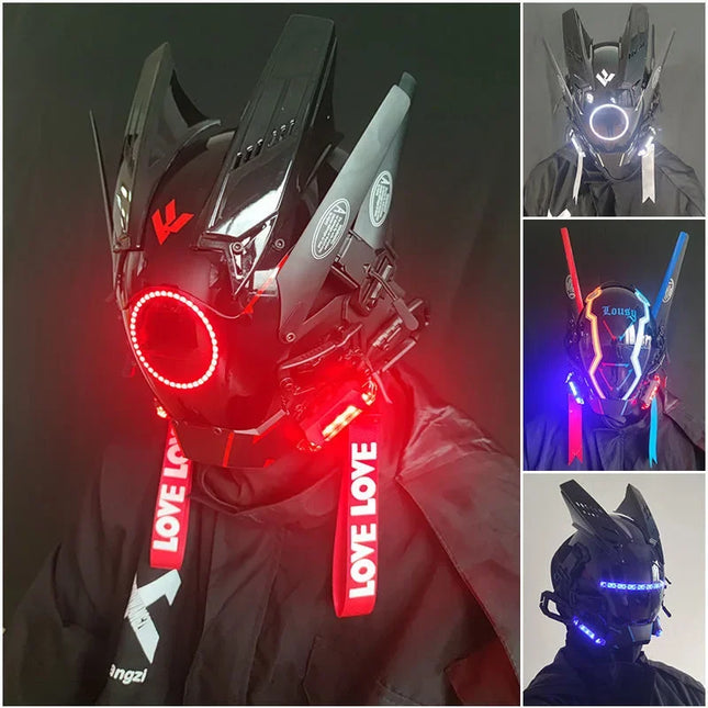 Triangle Light Festival LED Cyberpunk Mask – Techno Sense, Round Light, Wing Braid, Cosplay Helmet