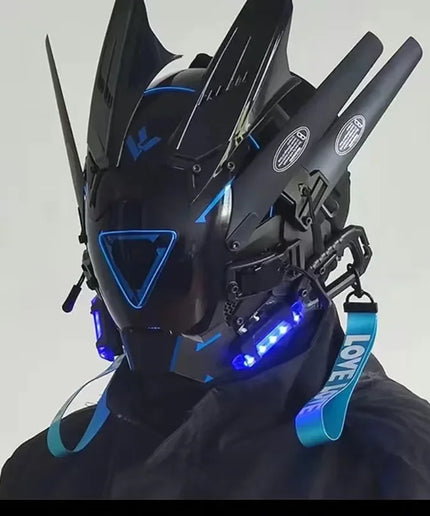 Triangle Light Festival LED Cyberpunk Mask – Techno Sense, Round Light, Wing Braid, Cosplay Helmet