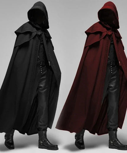 Medieval Vintage Hooded Black Cloak, Windproof Trench Long Cape, Gothic Men's Monk Cosplay