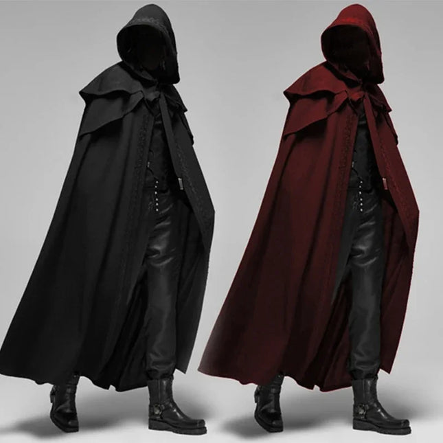 Medieval Vintage Hooded Black Cloak, Windproof Trench Long Cape, Gothic Men's Monk Cosplay