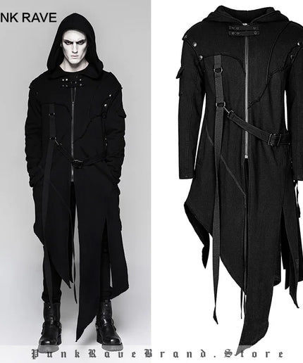 PUNK RAVE Men's Gothic Detachable Sleeves Long Asymmetrical Jacket  Punk Street Style Loose  Hoodie Men Coats Windbreaker