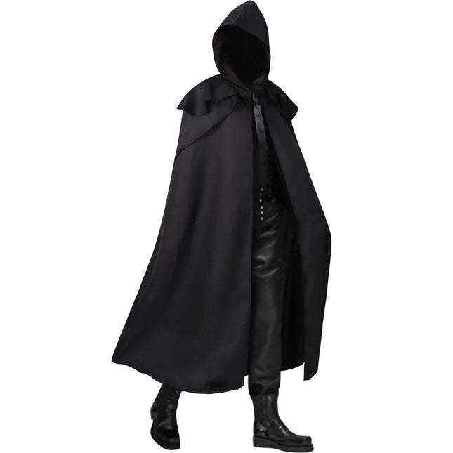 Medieval Vintage Hooded Black Cloak, Windproof Trench Long Cape, Gothic Men's Monk Cosplay